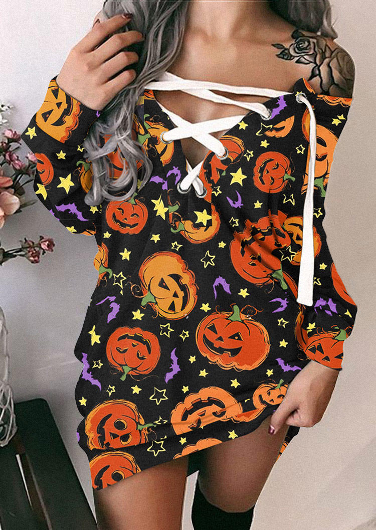 Halloween Pumpkin Face Lace Up Sweatshirt Mini Dress
