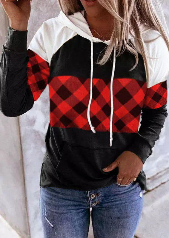 

Buffalo Plaid Color Block Kangaroo Pocket Hoodie, Multicolor, SCM005846