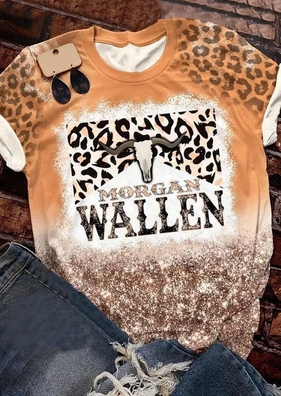 

Glitter Steer Skull Leopard Bleached T-Shirt Tee, Multicolor, SCM005977