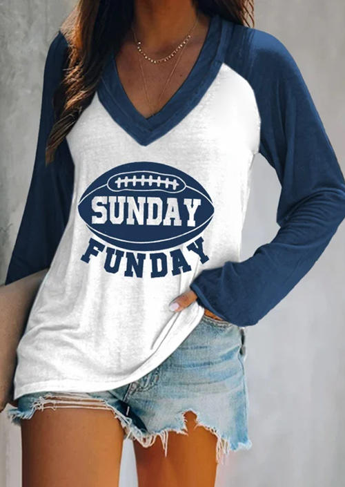 Sunday Funday Football V-Neck T-Shirt Tee - Blue