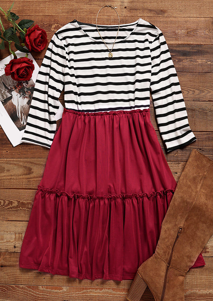 Ruffled Striped Long Sleeve O-Neck Mini Dress