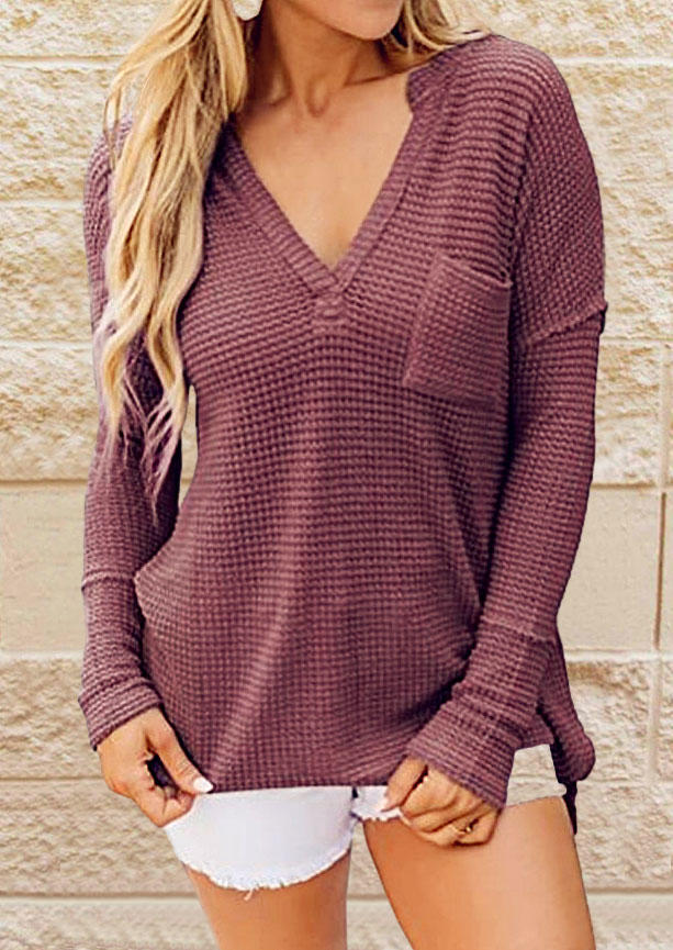 Pocket Long Sleeve V-Neck Blouse - Red