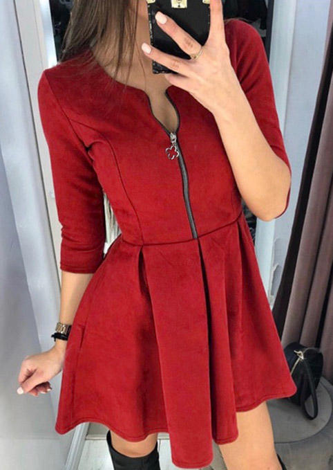 Zipper Ruffled Three Quarter Sleeve Mini Dress - Red