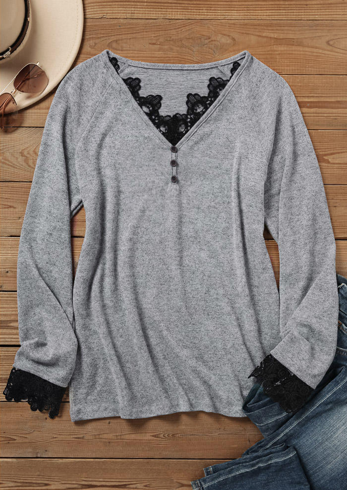 Lace Splicing Button Long Sleeve Blouse - Gray