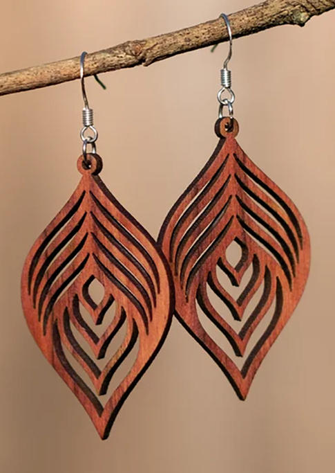 Hollow Out Leaf Wooden Earrings - Brown