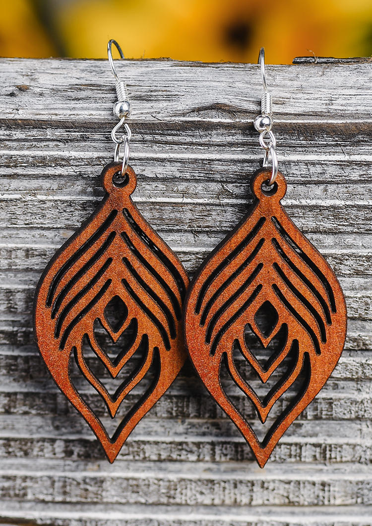 Hollow Out Leaf Wooden Earrings - Brown