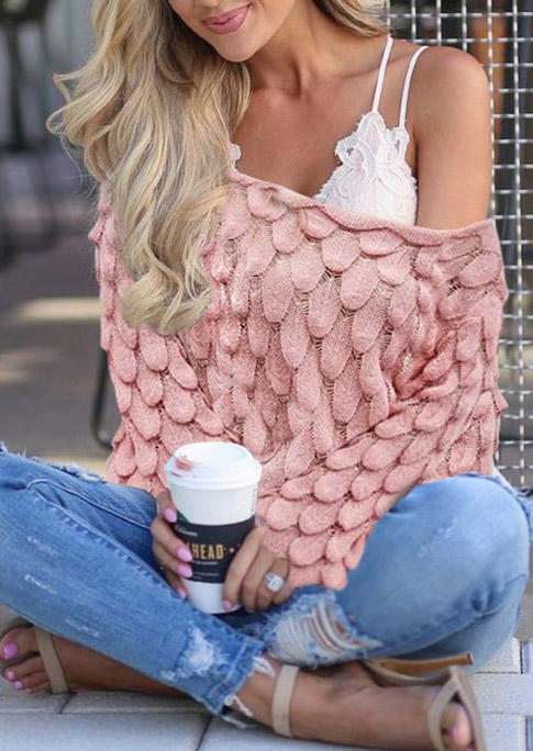 

Crochet Flare Sleeve Feather Sweater without Lace Camisole - Pink, SCM005650