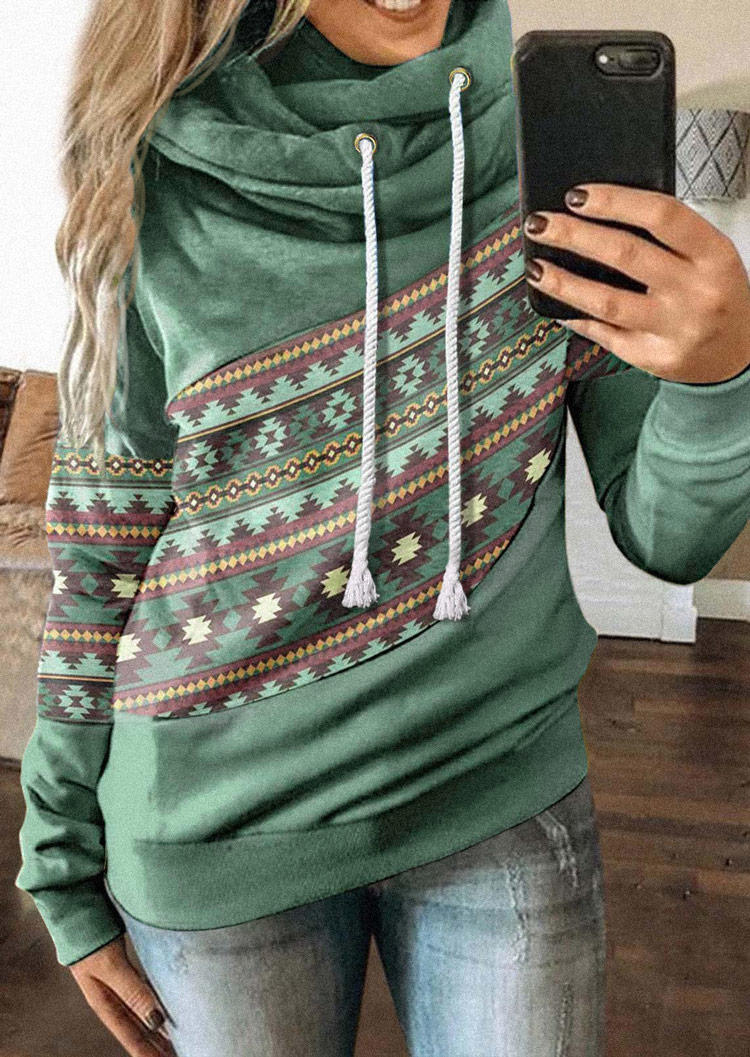 

Aztec Geometric Drawstring Long Sleeve Hoodie - Green, SCM005701