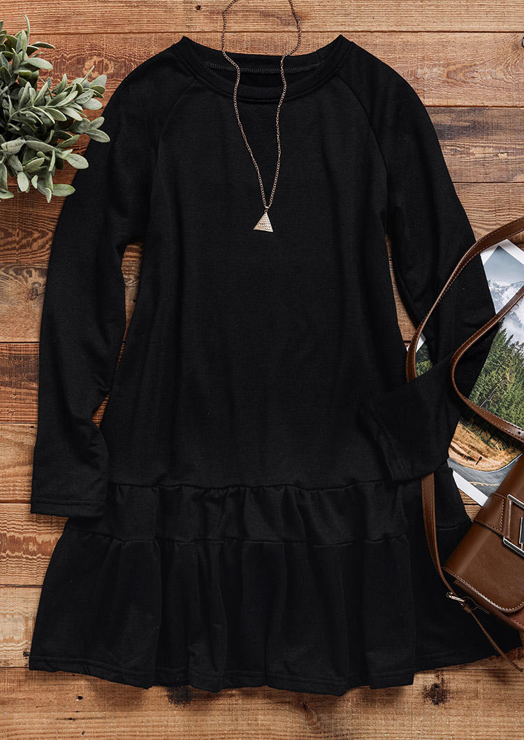 Ruffled Long Sleeve O-Neck Mini Dress - Black