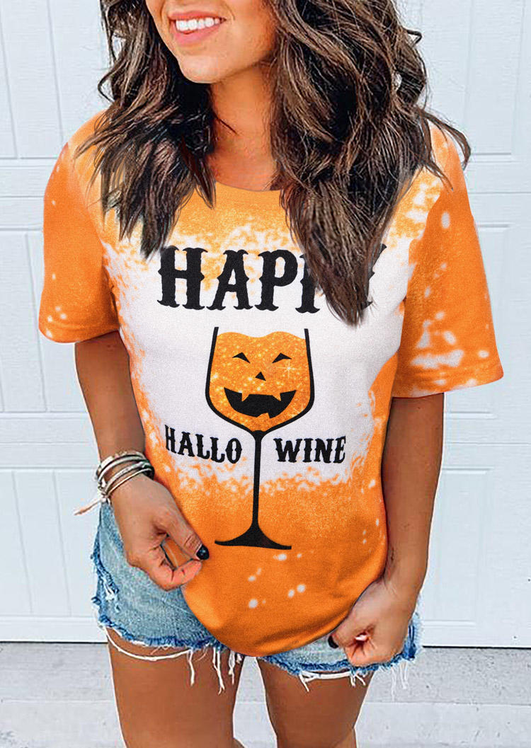 Halloween Happy Hallo Wine Pumpkin Face Bleached T-Shirt Tee - Orange