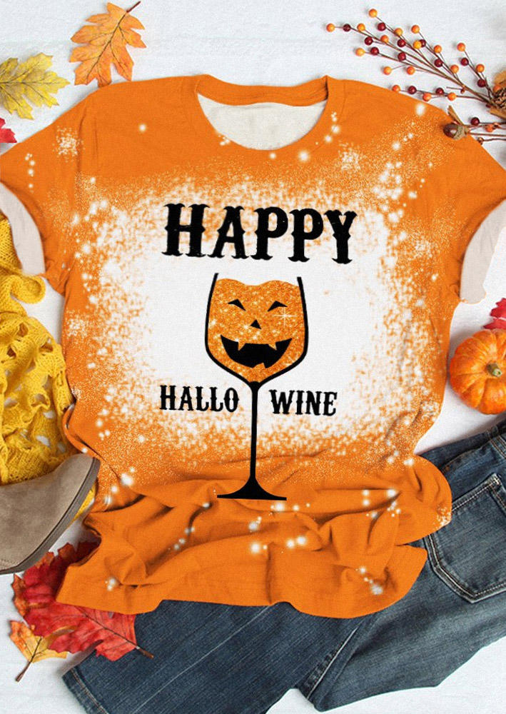 Happy Hallo Wine Pumpkin Face Bleached T-Shirt Tee - Orange