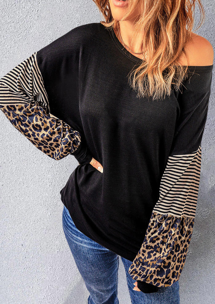 Leopard Striped Long Sleeve O-Neck Blouse - Black