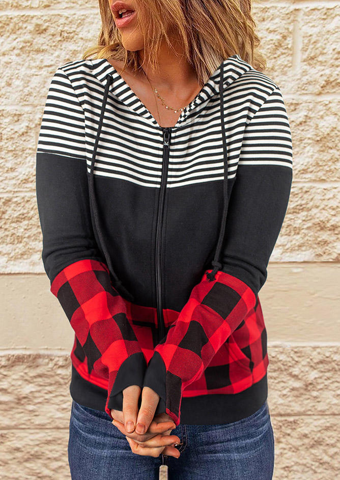 

Striped Buffalo Plaid Zipper Pocket Thumbhole Hoodie - Black, SCM005844