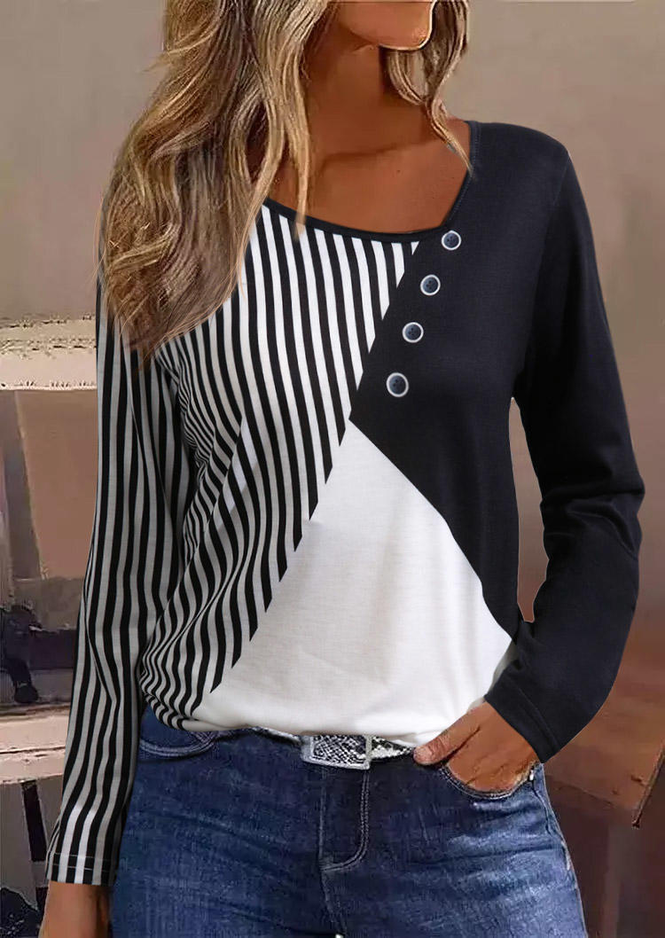 

Striped Color Block Long Sleeve Blouse, Multicolor, SCM005872