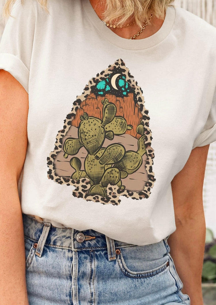 

Leopard Cactus O-Neck T-Shirt Tee - White, SCM005874