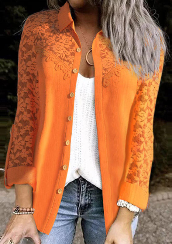 

Lace Splicing Button Tab-Sleeve Turn-Down Collar Shirt - Orange, SCM005929