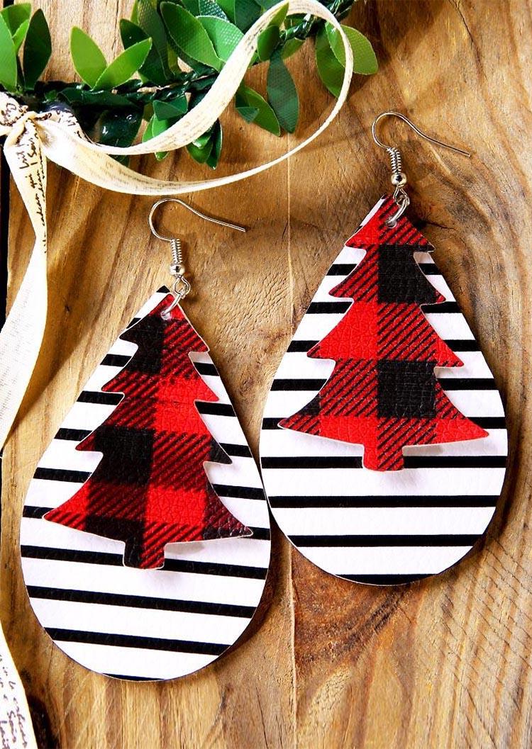 

Christmas Tree Plaid Striped Dual-Layered Earrings, Red, 458954