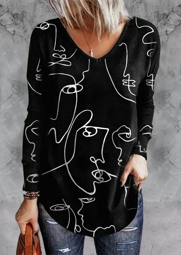 

Abstract Face Long Sleeve V-Neck Blouse - Black, SCM005548