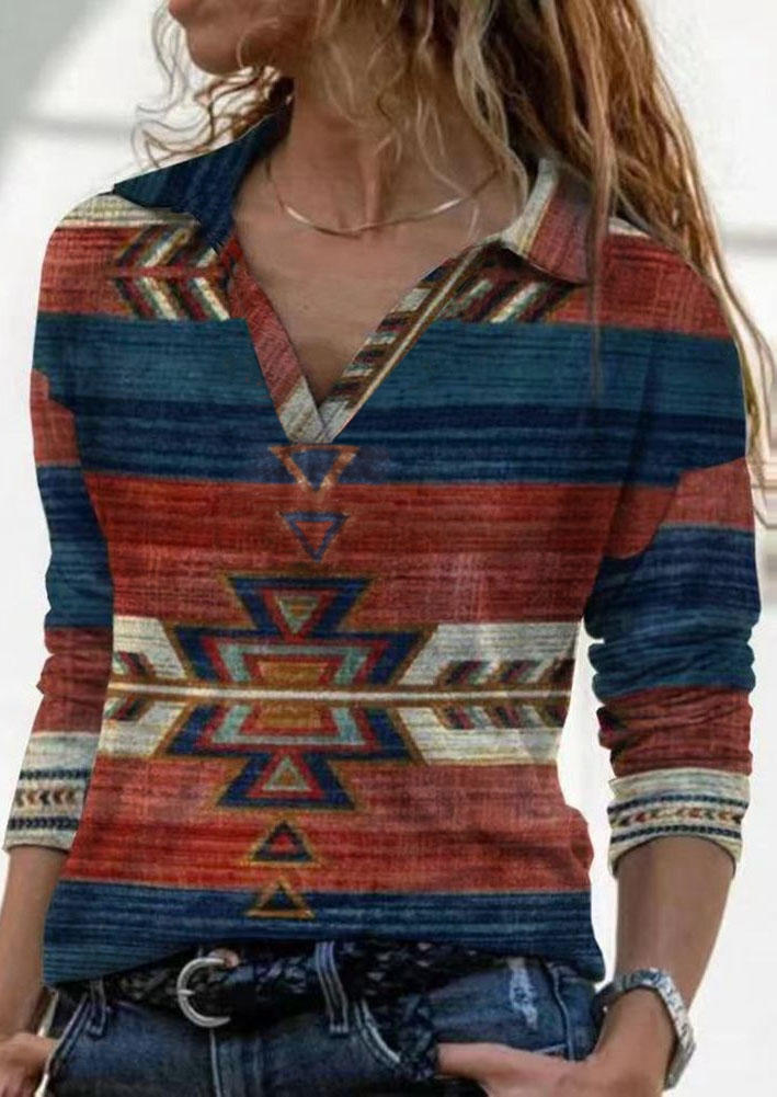 

Aztec Geometric Turn-down Collar Blouse, Multicolor, SCM005556