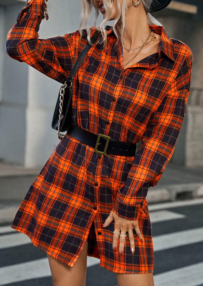 Plaid Button Turn-Down Collar Shirt Mini Dress