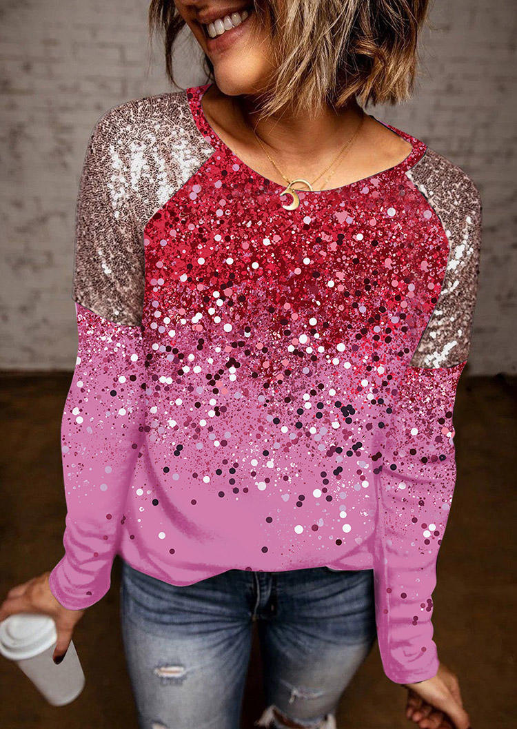 

Gradient Glitter O-Neck Casual Blouse - Pink, SCM005738