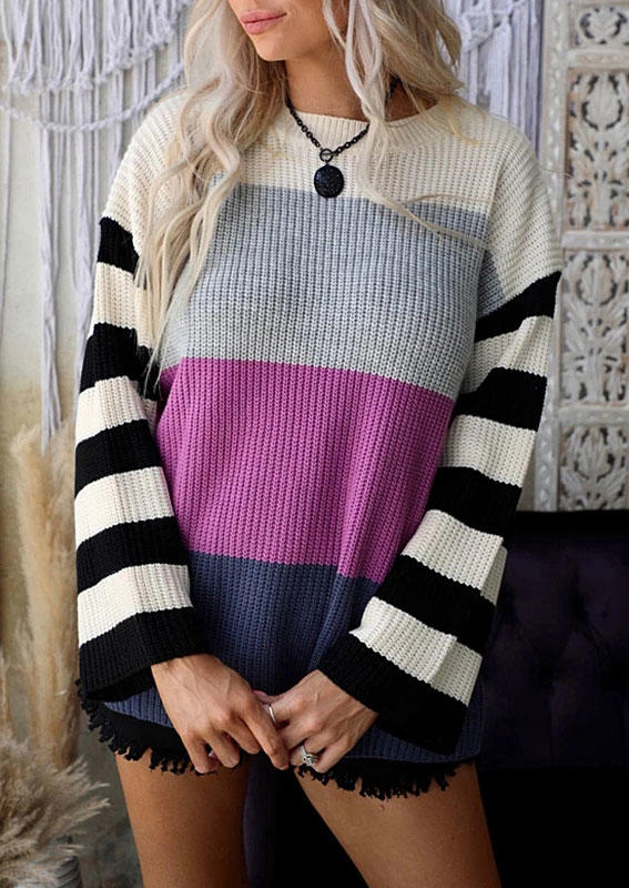 

Color Block Striped Long Sleeve Sweater, Multicolor, SCM005746