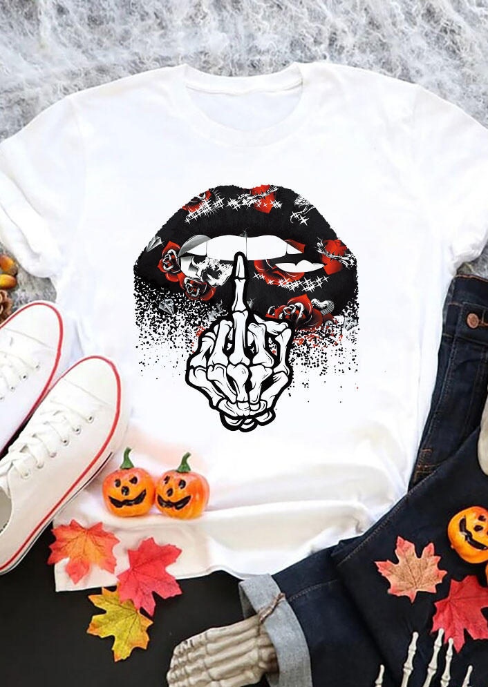 

Halloween Lips Skeleton Hand Floral T-Shirt Tee - White, SCM005774