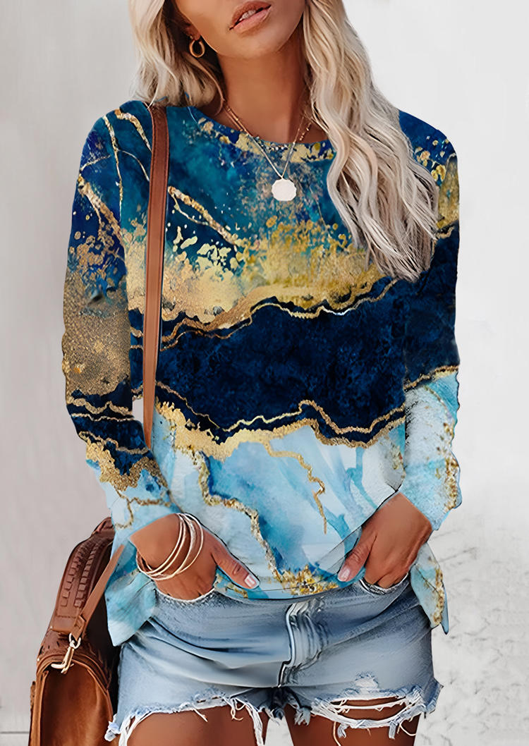 

Ink Painting Long Sleeve Blouse - Blue, SCM005791