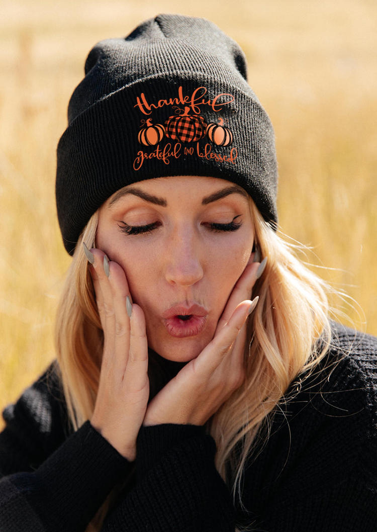 

Thankful Grateful And Blessed Pumpkin Plaid Beanie Hat - Black, SCM005822