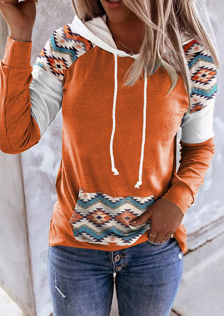 

Aztec Geometric Drawstring Kangaroo Pocket Hoodie - Orange, SCM005861