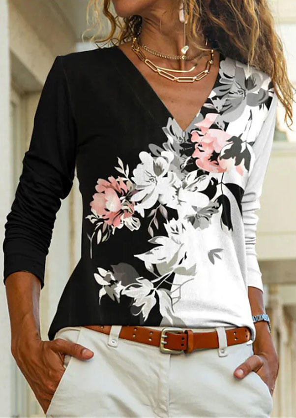 Floral Long Sleeve V-Neck Blouse - Black