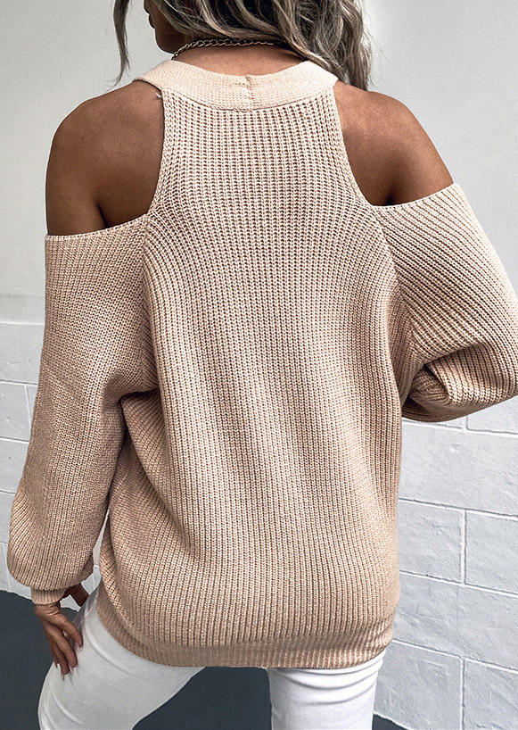 Button Cold Shoulder V-Neck Sweater - Khaki