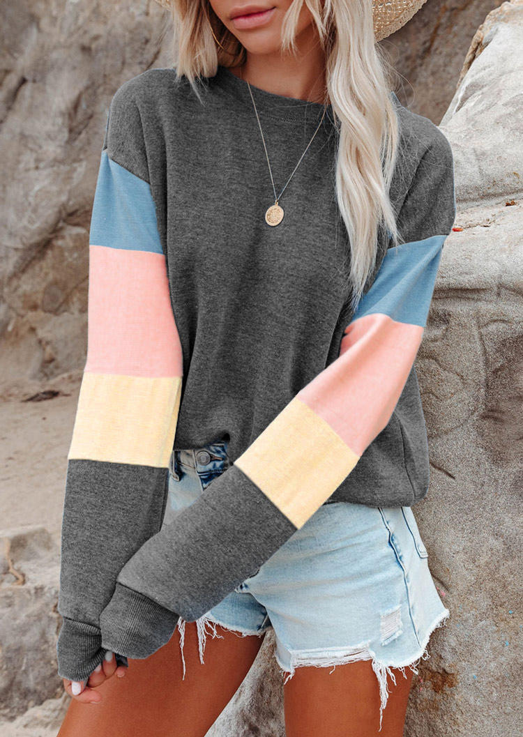 

Color Block Long Sleeve Pullover Sweatshirt - Gray, SCM005922