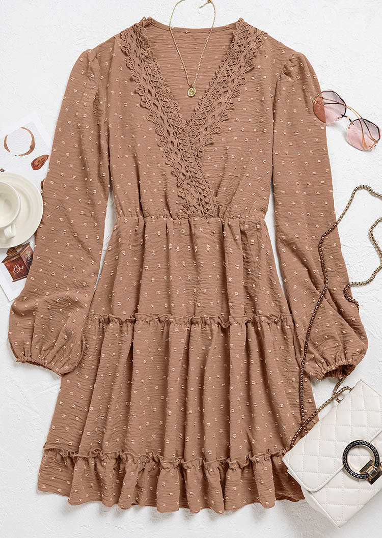 Ruffled Dotted Swiss Lace Splicing V-Neck Mini Dress - Khaki