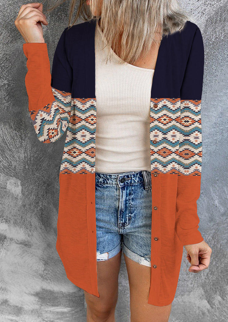 

Aztec Geometric Button Open Front Cardigan, Multicolor, SCM006064