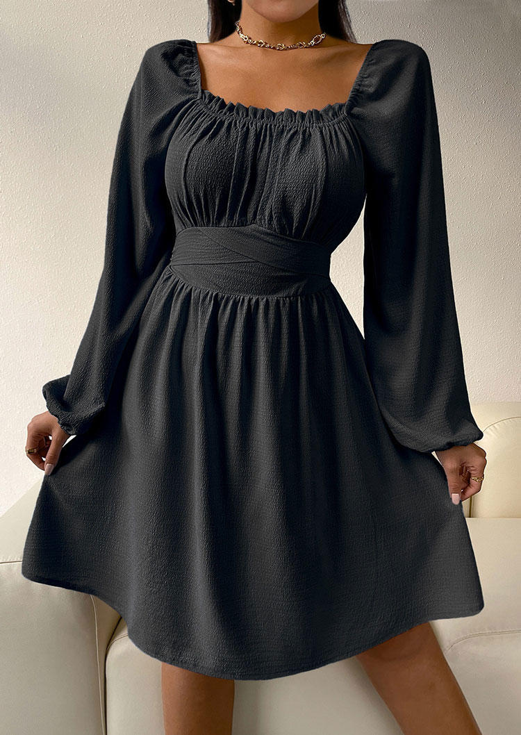 Ruffled Zipper Long Sleeve Mini Dress - Black