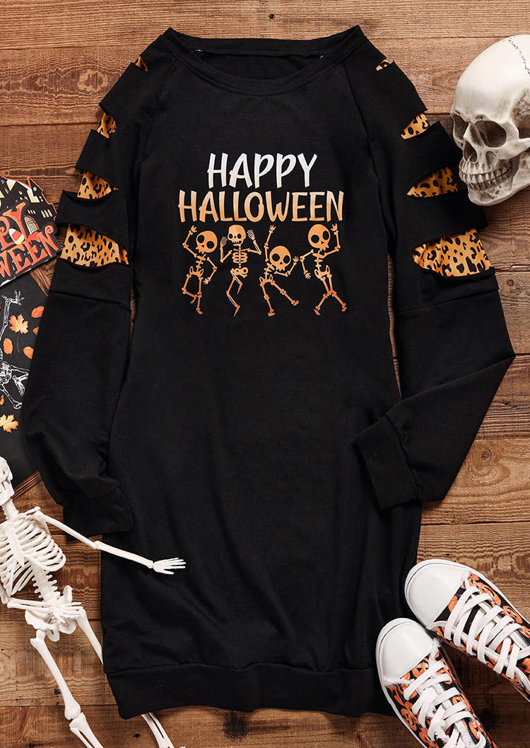 Happy Halloween Skeleton Leopard Gradient Sweatshirt Mini Dress - Black