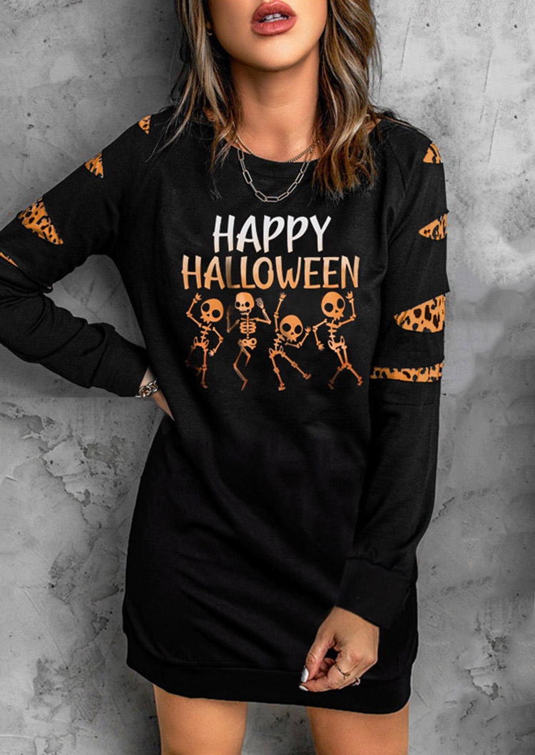 Happy Halloween Skeleton Leopard Gradient Sweatshirt Mini Dress - Black