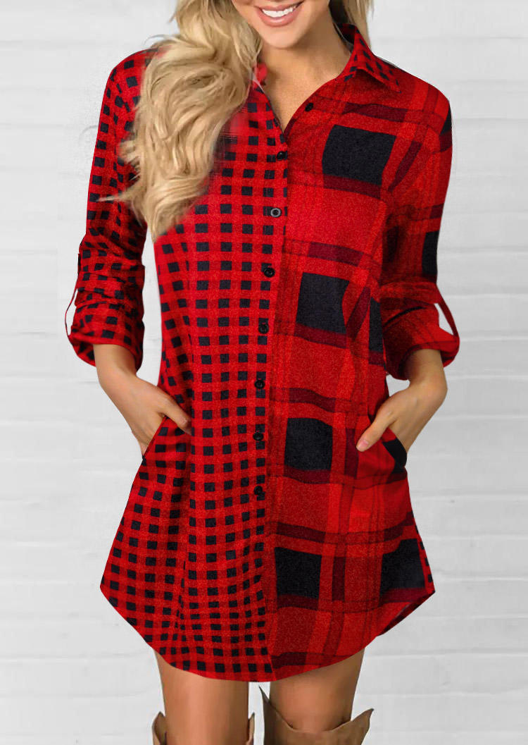 Buffalo Plaid Pocket Turn-Down Collar Mini Dress