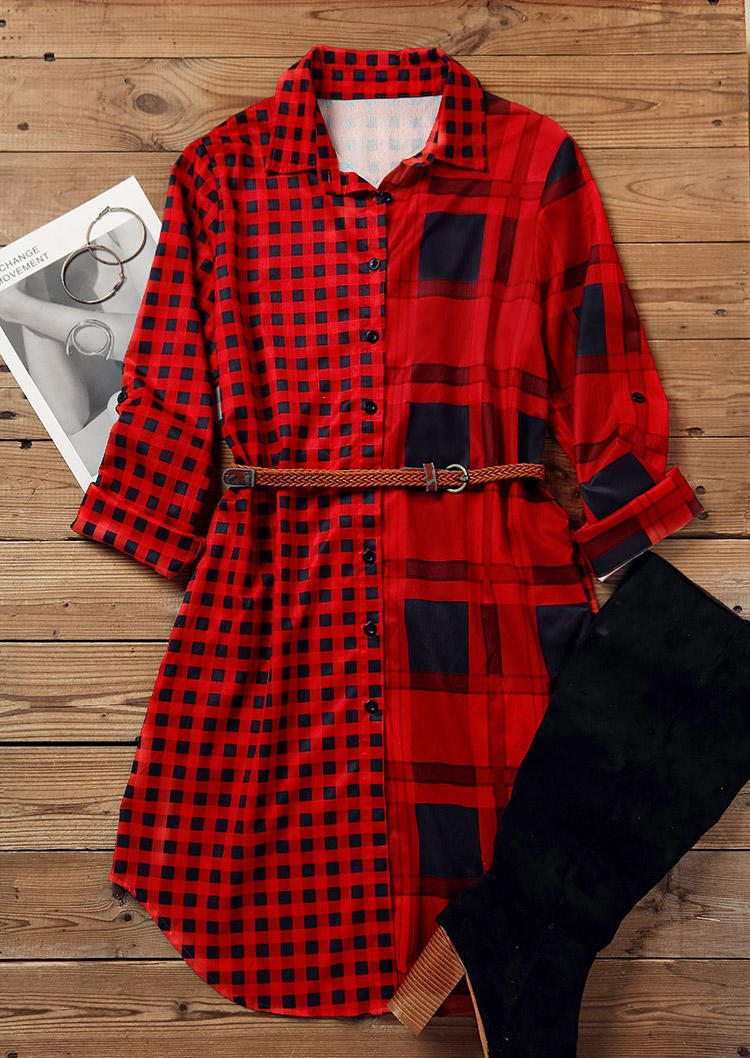 Buffalo Plaid Pocket Turn-Down Collar Mini Dress