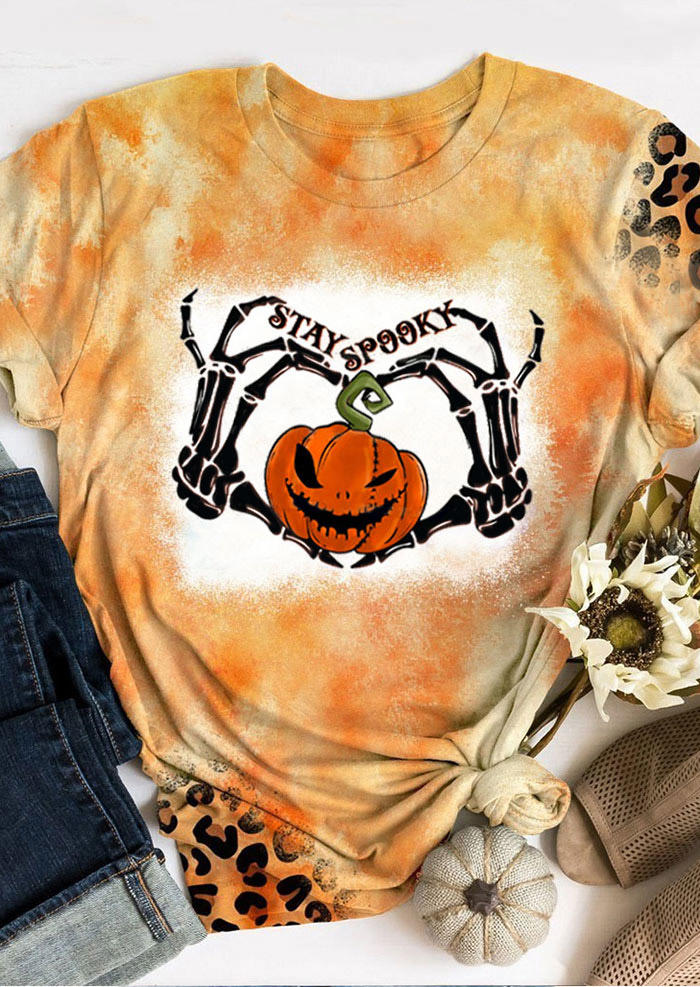 

Halloween Stay Spooky Pumpkin Face Skeleton Hand Bleached T-Shirt Tee - Orange, SCM005534