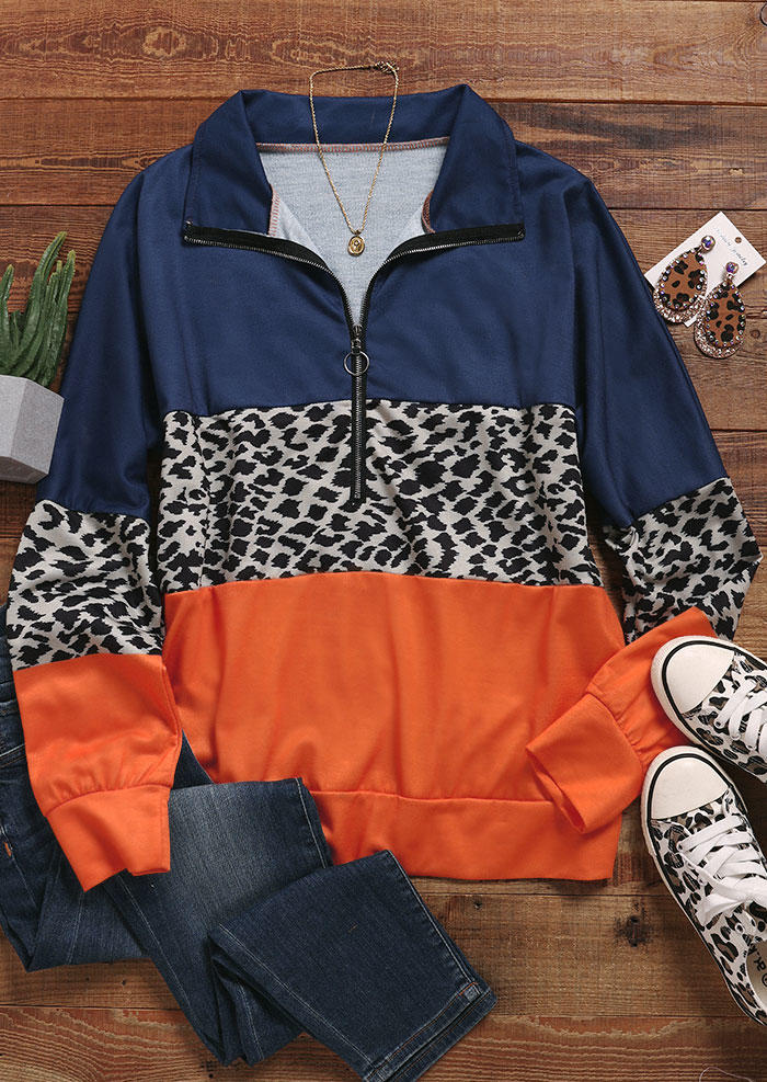 Leopard Color Block Zipper Turn-Down Collar Sweatshirt