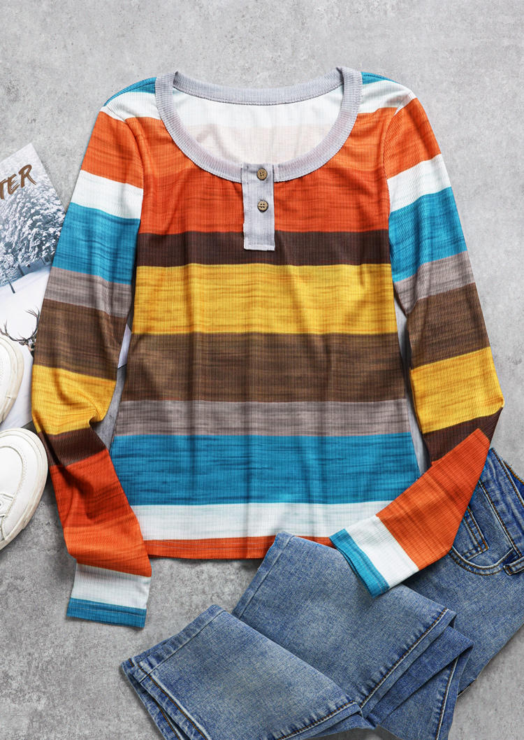 Colorful Striped Button Notched Neck Blouse