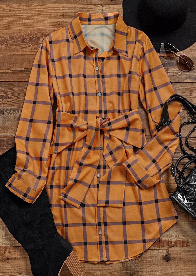 Plaid Button Tie Turn-Down Collar Shirt Mini Dress - Orange