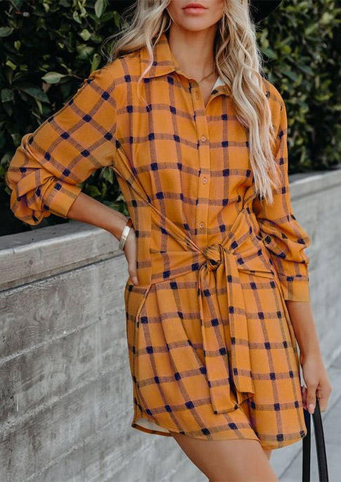 Plaid Button Tie Turn-Down Collar Shirt Mini Dress - Orange