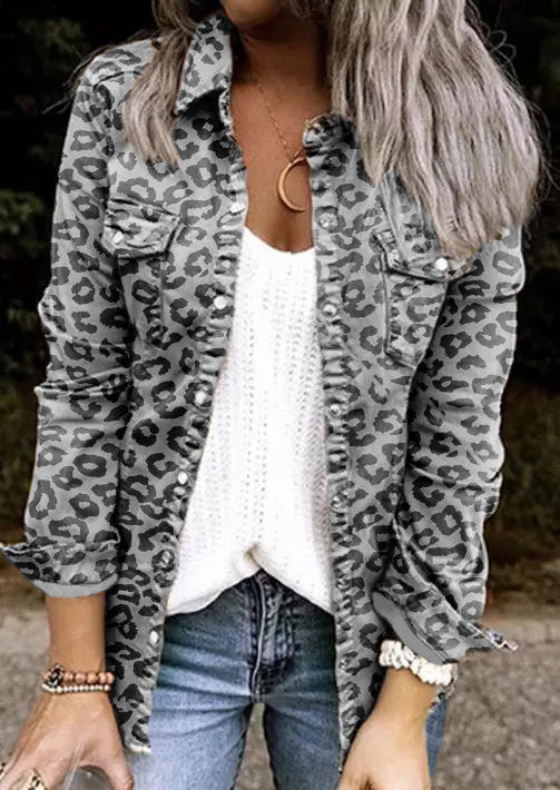 

Leopard Pocket Button Long Sleeve Jacket - Gray, SCM005979