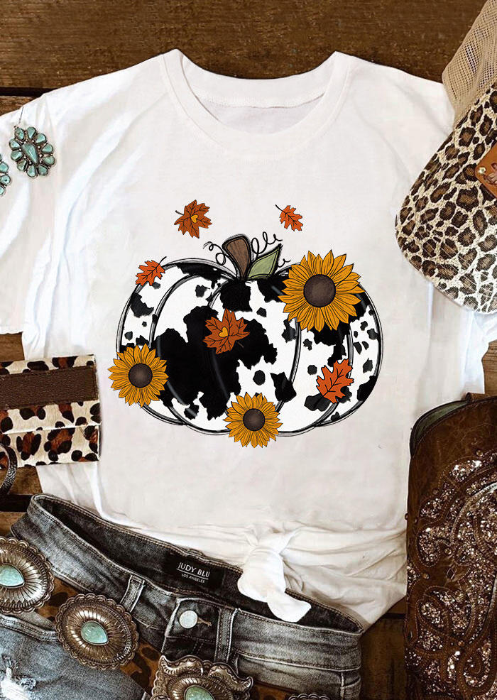 

Cow Pumpkin Sunflower Maple Leaf T-Shirt Tee - White, SCM006013