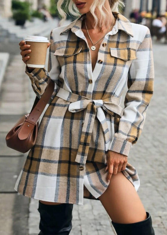 Plaid Button Decorative Fake Pocket Mini Dress