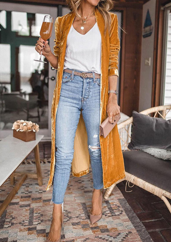 

Pocket Open Front Long Sleeve Cardigan Coat - Yellow, SCM006082