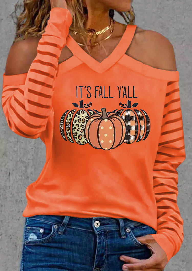 

It' Fall Y'all Leopard Plaid Dot Pumpkin Striped Blouse - Orange, SCM006114